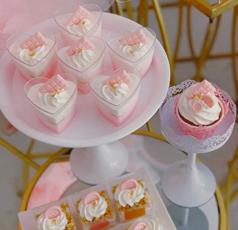 Clear appetizer and dessert cups with mini spoons for catering, showers, weddings and special events