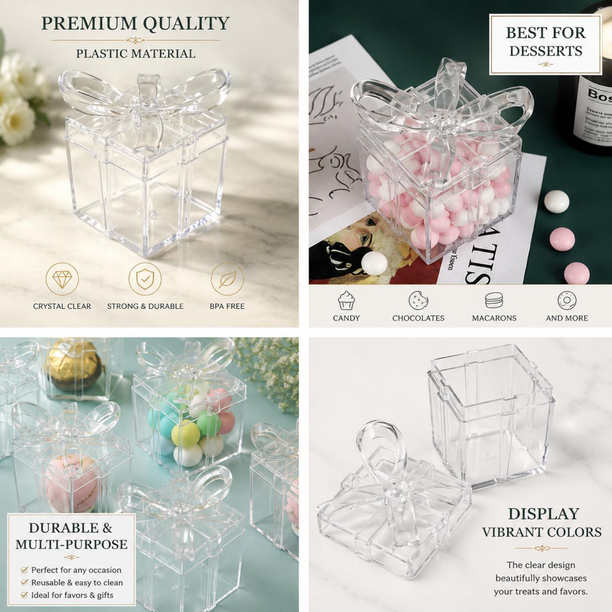 Clear Bow Top Party Favor Boxes | 12-Pack Transparent Candy Boxes