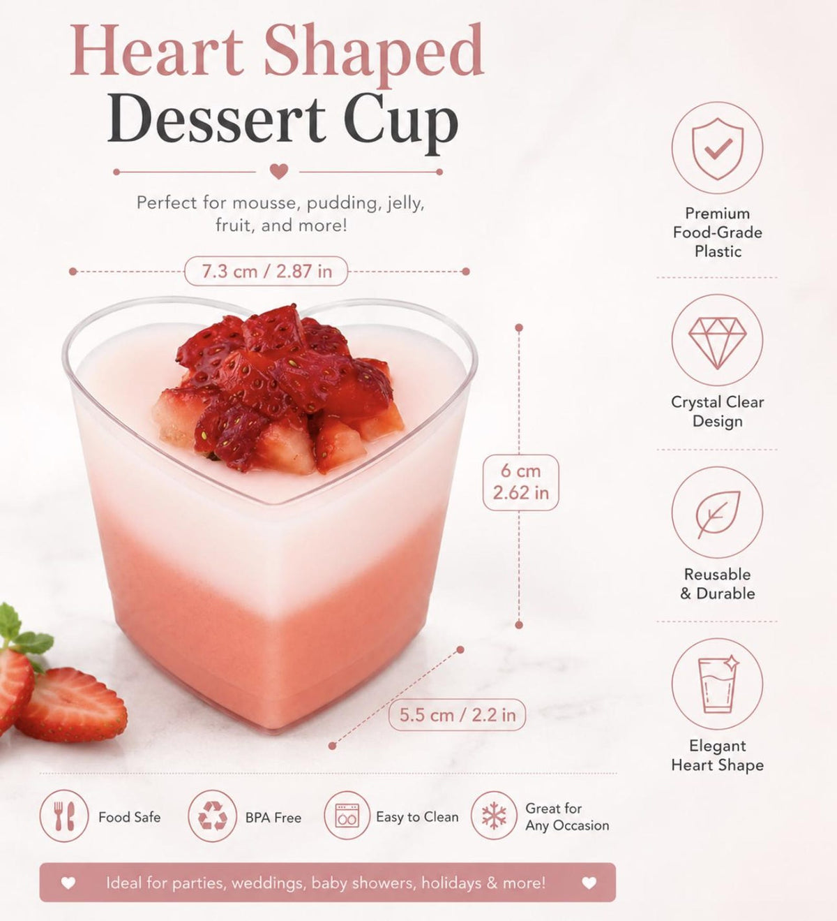 Clear mini parfait dessert cups with spoons for elegant parties, weddings, showers and catering