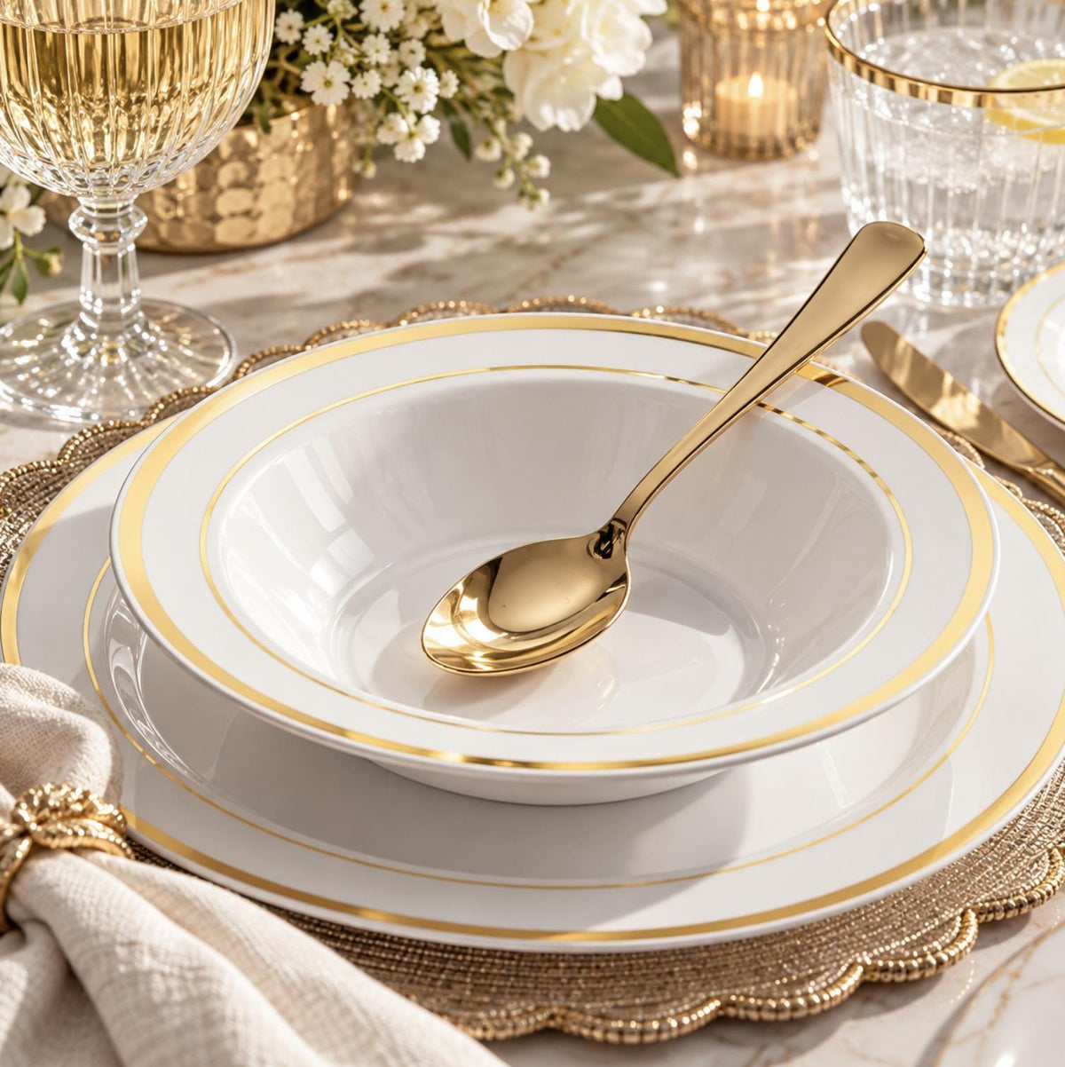 Clear plastic bowls with gold rim – elegant disposable serving bowls for parties and events