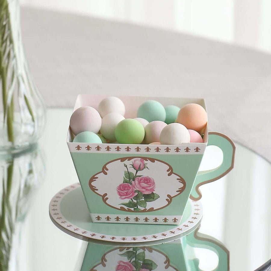 25 Pack Mini Teacup and Saucer Party Favor Boxes with Rose Floral Print - Tea Time Candy Boxes - Pretty Party Boxx