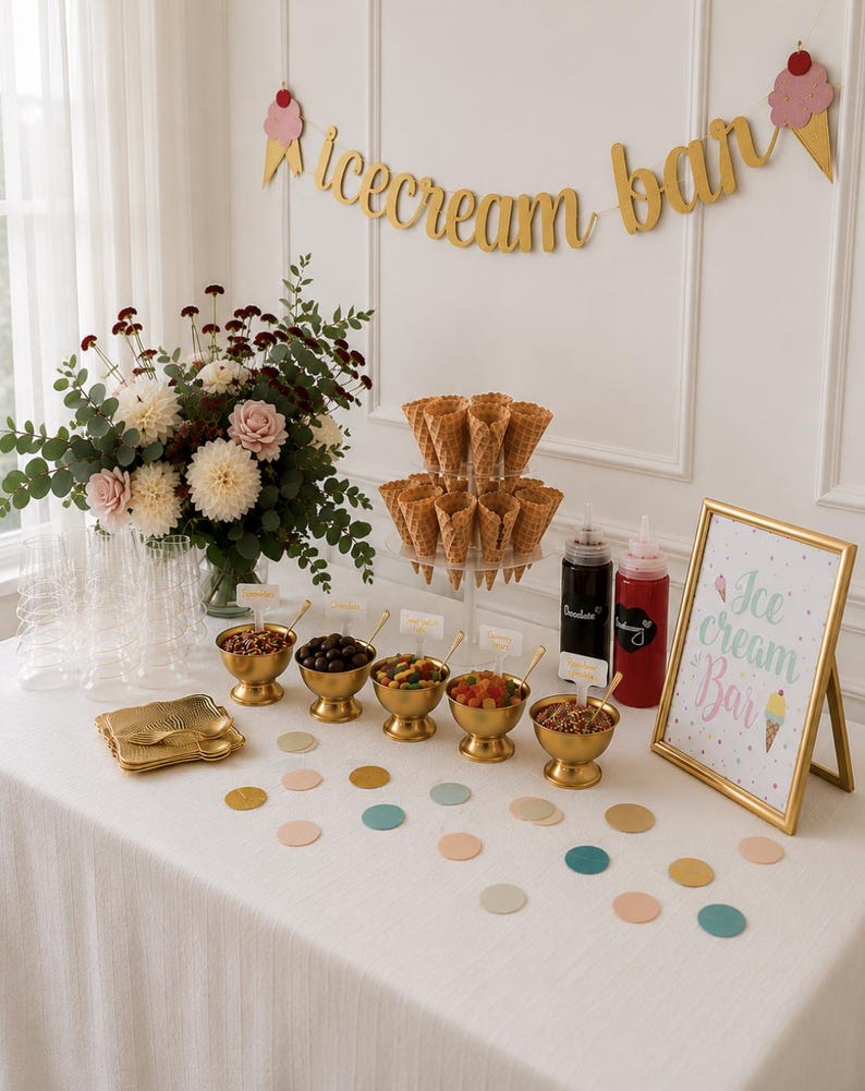Complete ice cream party table setup with waffle cone stand, topping bowls, syrups, banner and sundae bar accessories
