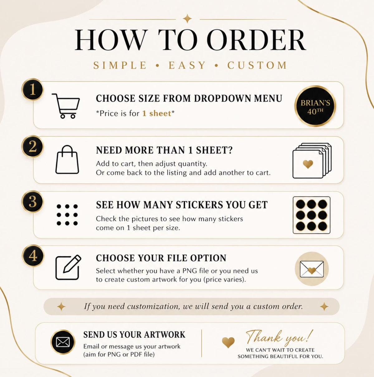 Custom Black & Gold Round Logo Stickers – Personalized Labels for Favors & Branding