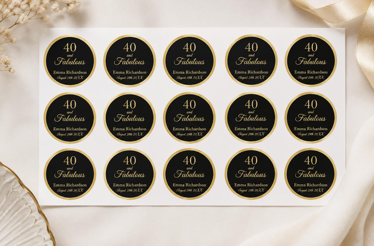 Custom Black & Gold Round Logo Stickers – Personalized Labels for Favors & Branding