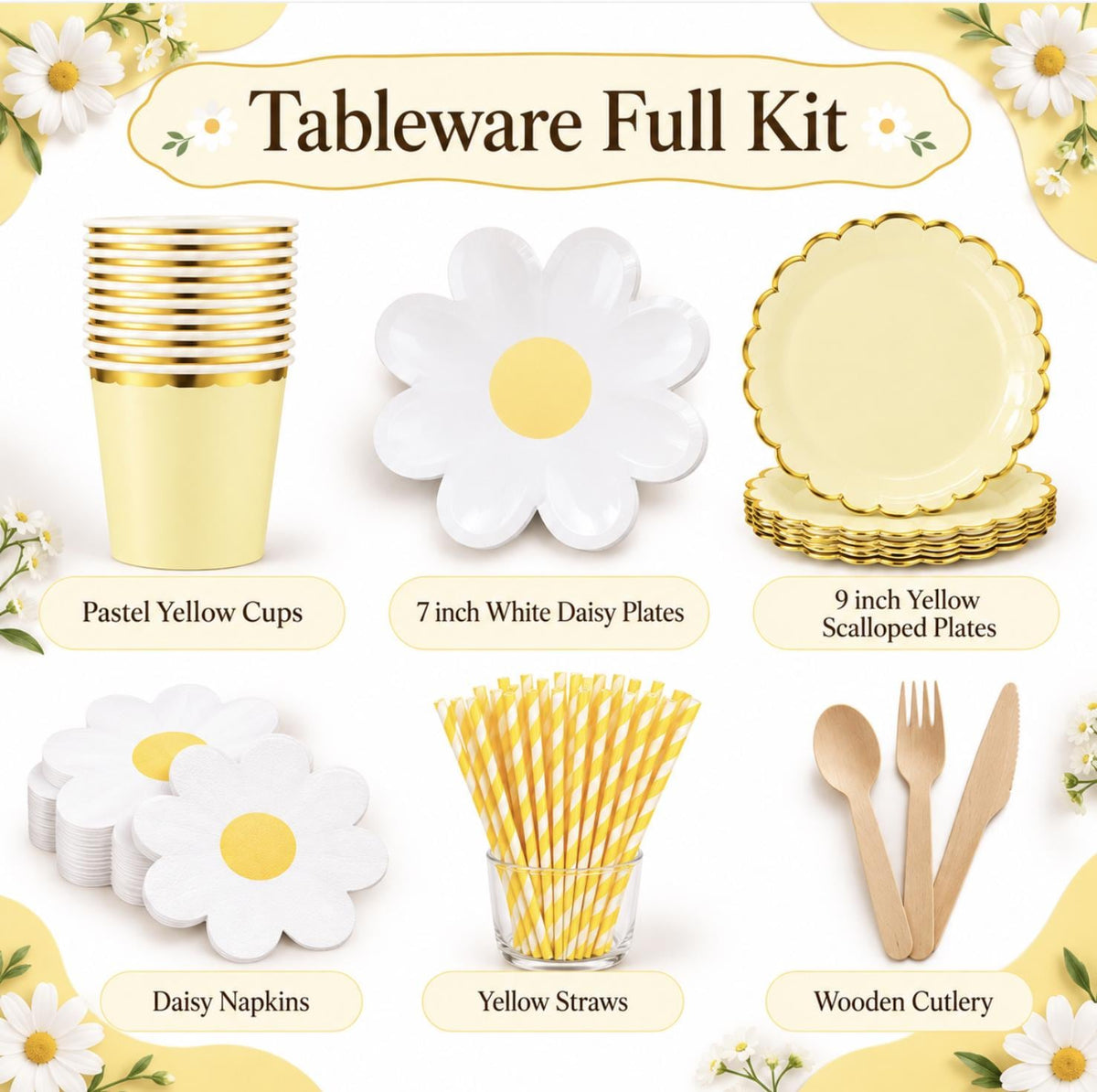 Daisy Party Tableware Set – Groovy Daisy Plates, Cups, Napkins & Cutlery for Kids Birthdays