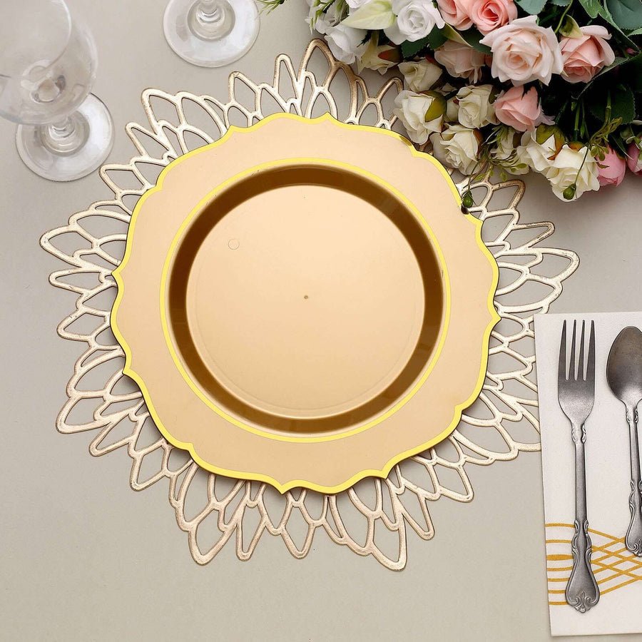 Gold-rimmed disposable plastic plate on floral placemat – elegant wedding table decor