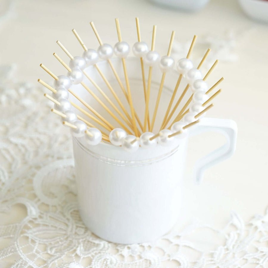100 - Pack Decorative Bamboo Cocktail Picks – Eco - Friendly Pearl Top Drink & Food Skewers - Pretty Party Boxx