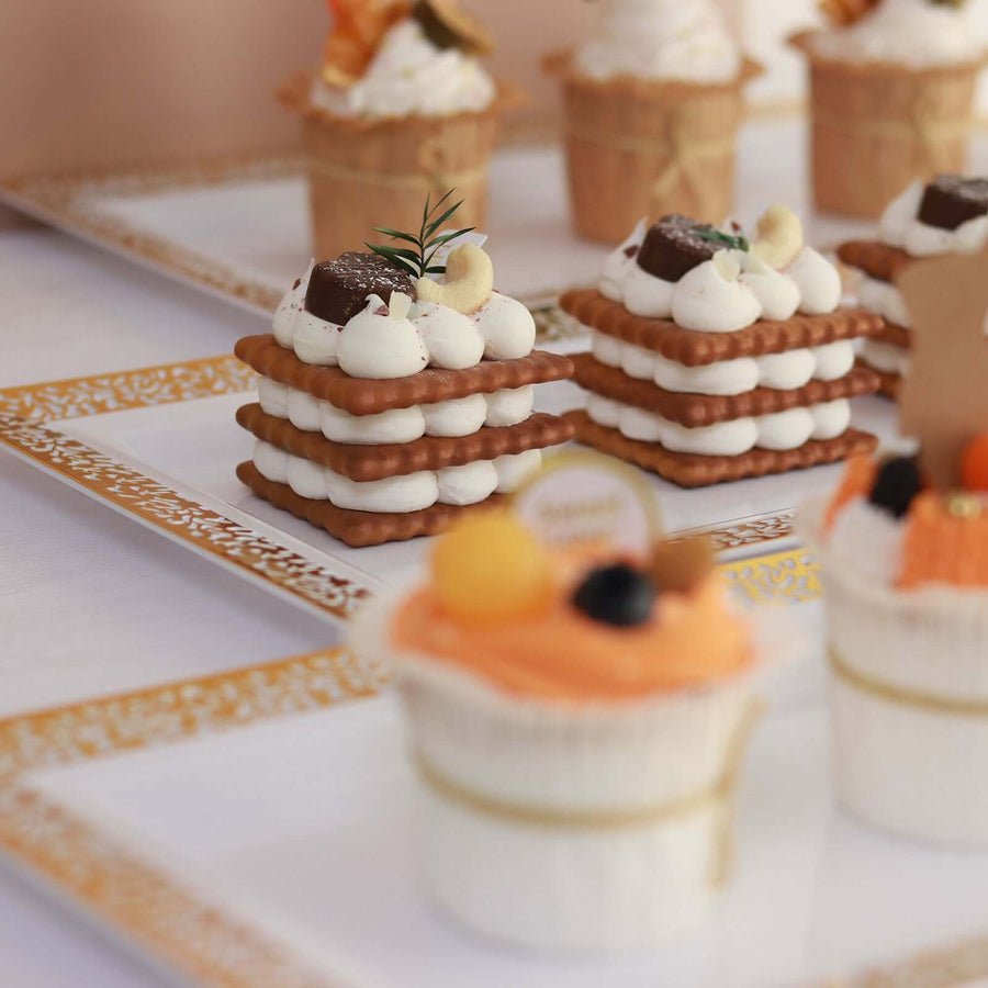 Gold lace plastic trays with desserts – stylish serving plates for weddings and parties