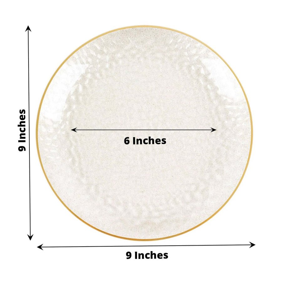 Light blue plastic hammered charger plate with gold rim. Disposable premium wedding dinnerware.