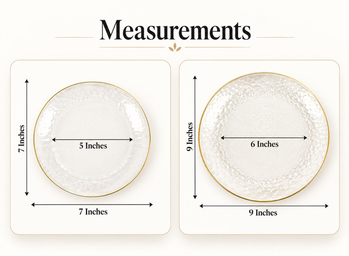 Light blue plastic hammered charger plate with gold rim. Disposable premium wedding dinnerware.