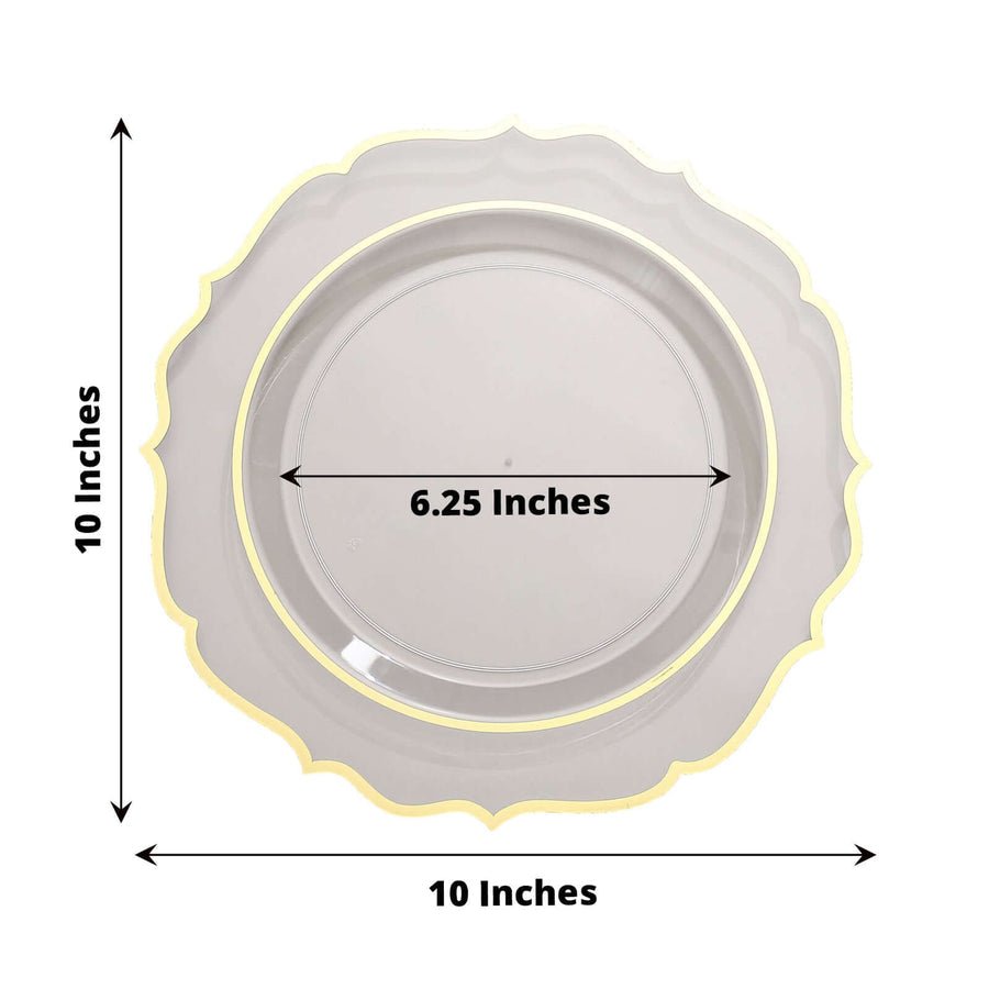 10-inch clear plastic plate with gold rim – durable and elegant disposable party dinnerware