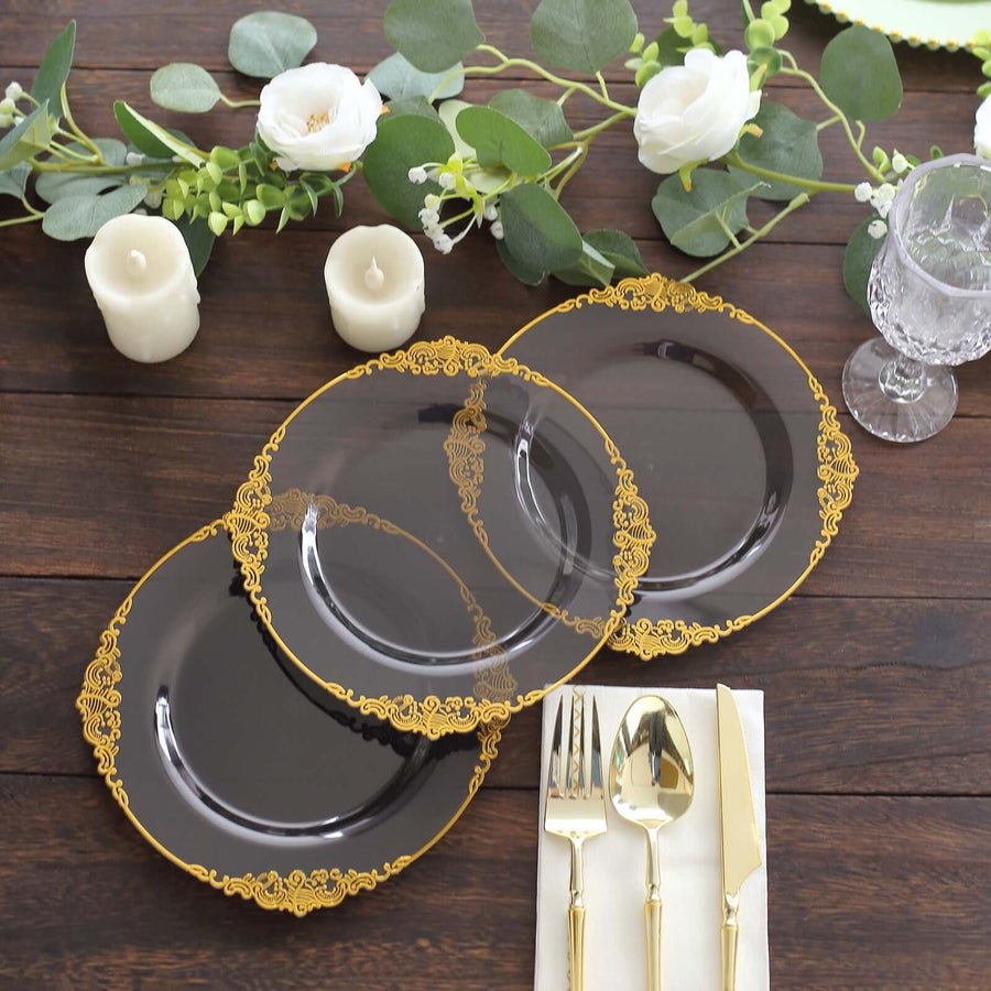 10 - Pack Leaf Embossed Rim Round Plastic Dessert Plates – Elegant Disposable Party Plates for Weddings & Events