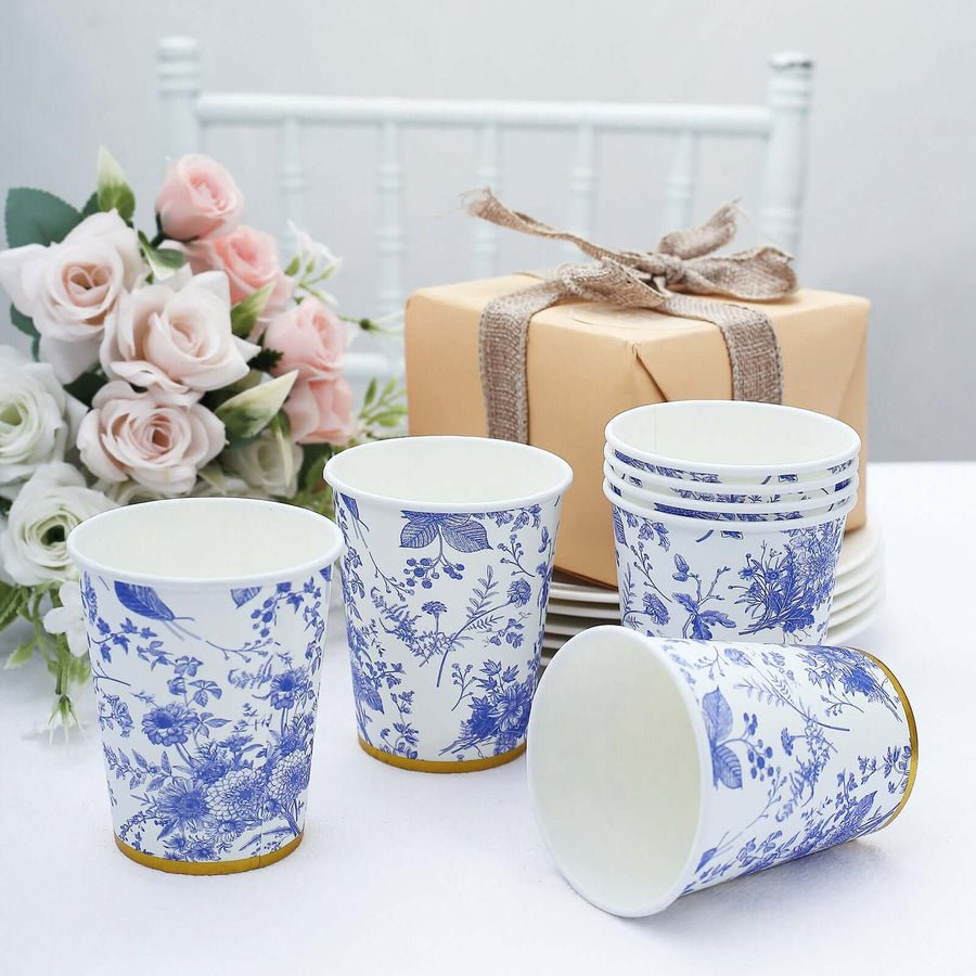 Blue and white floral paper cups – stylish disposable tableware for special events