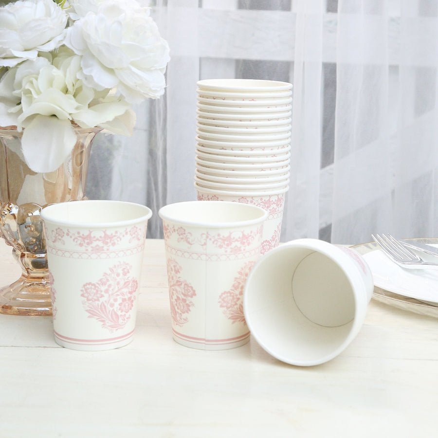 Pink floral paper cups – decorative disposable tableware for garden or bridal parties