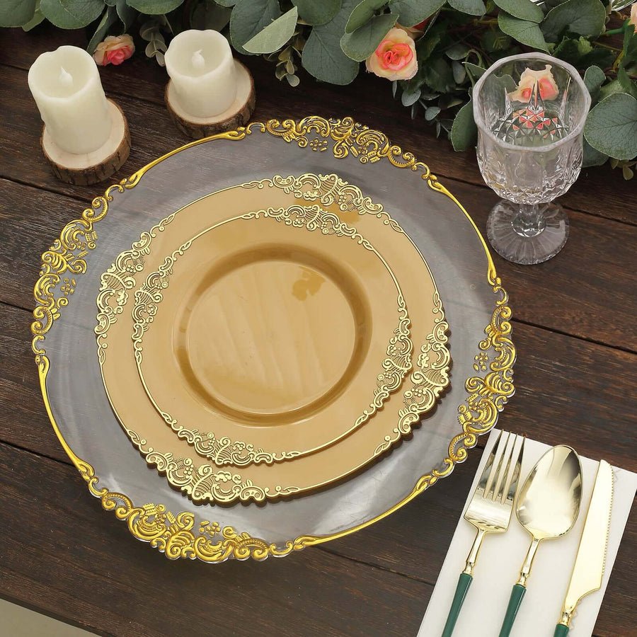 10 - Pack Leaf Embossed Rim Round Plastic Dessert Plates – Elegant Disposable Party Plates for Weddings & Events