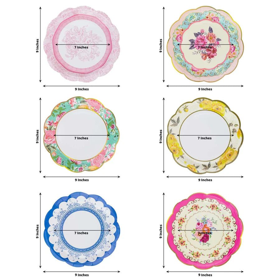 Assorted Vintage Mixed Floral Paper Dinner Plates – Scalloped - Edge Design. - Pretty Party Boxx