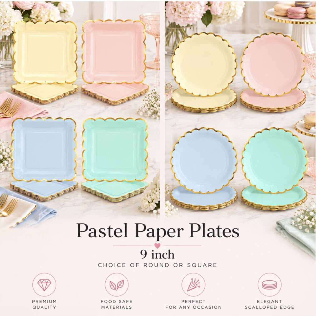 Elegant pastel party plates with gold edges styled for a colorful birthday, tea party or baby shower