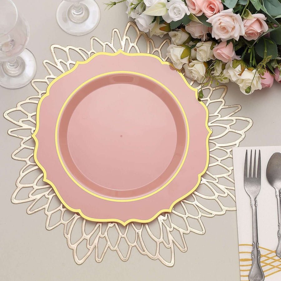 Pink and gold disposable plate on lace placemat – stylish table setting for weddings and events