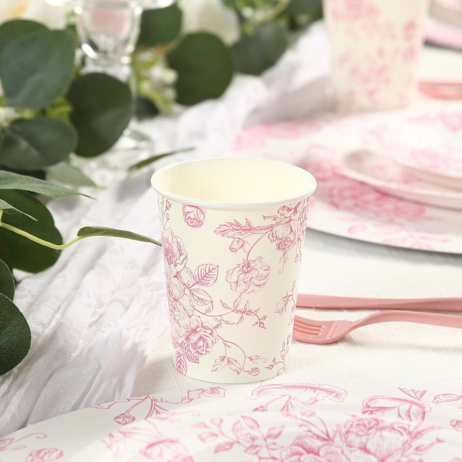 Pink floral paper cup with matching plates – decorative disposable tableware set