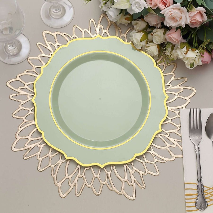 Green and gold rimmed plate on lace placemat – elegant disposable dinnerware for celebrations