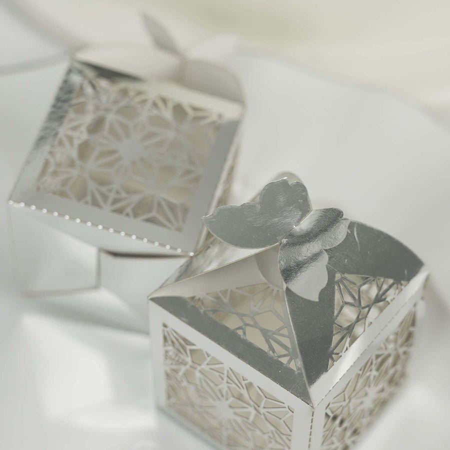 Silver butterfly laser-cut favor box – elegant metallic wedding favor gift box design
