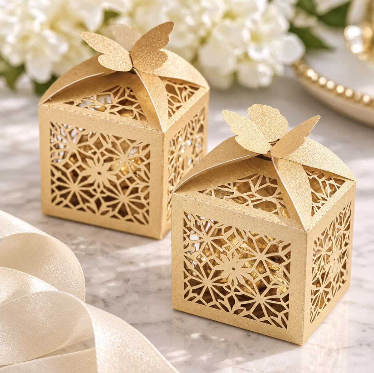 Silver butterfly laser-cut favor box – elegant metallic wedding favor gift box design