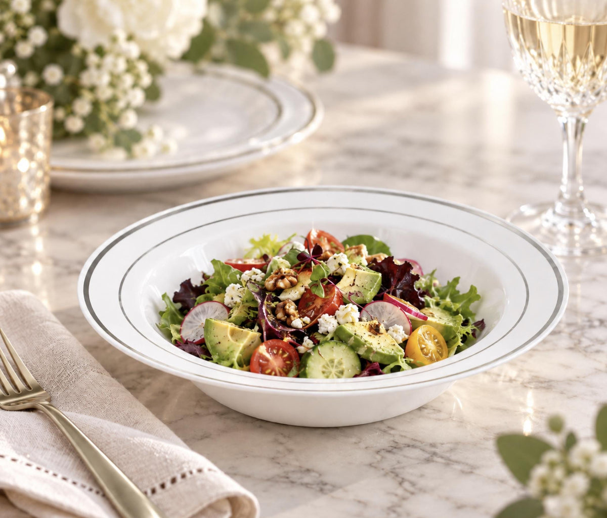Silver-rimmed plastic salad bowls – sturdy disposable tableware for catering and banquets