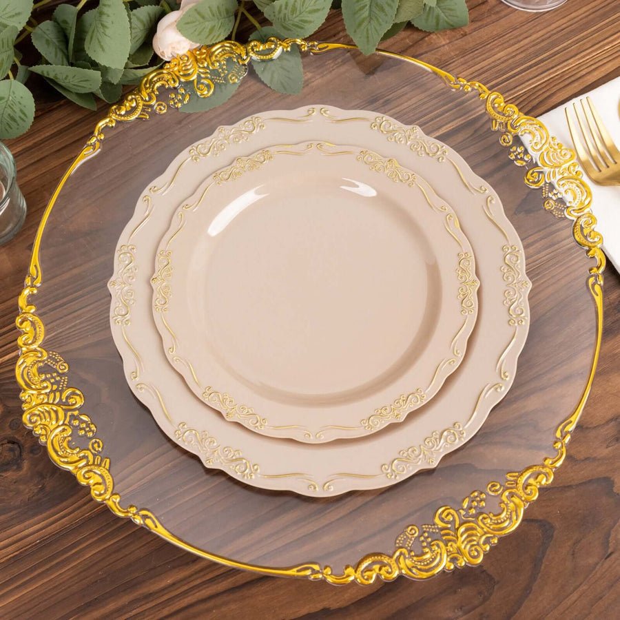 Clear plastic tumblers with gold trim rim. High-quality disposable cups for wedding receptions.