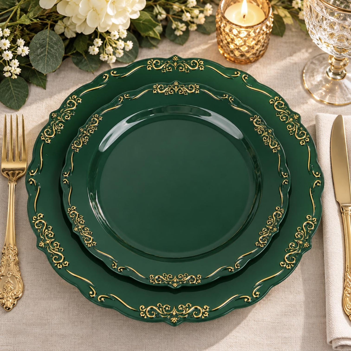 Clear plastic dinner plate with gold baroque rim. Elegant disposable tableware for wedding or parties.