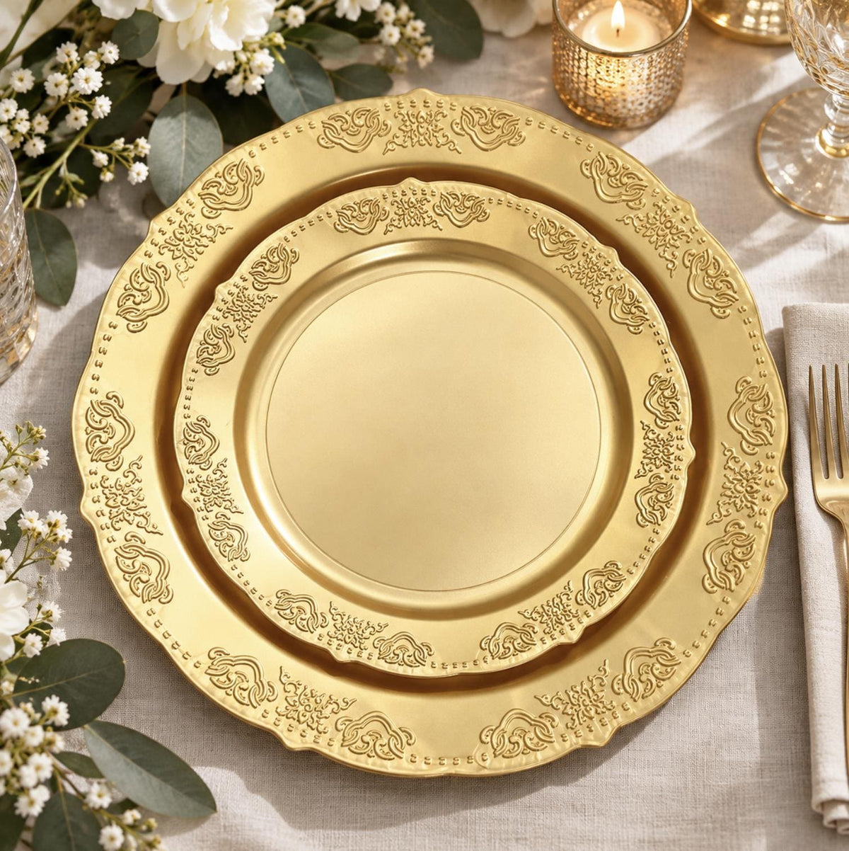 Clear disposable plastic champagne flute with gold base. Elegant drinkware for wedding toasts.