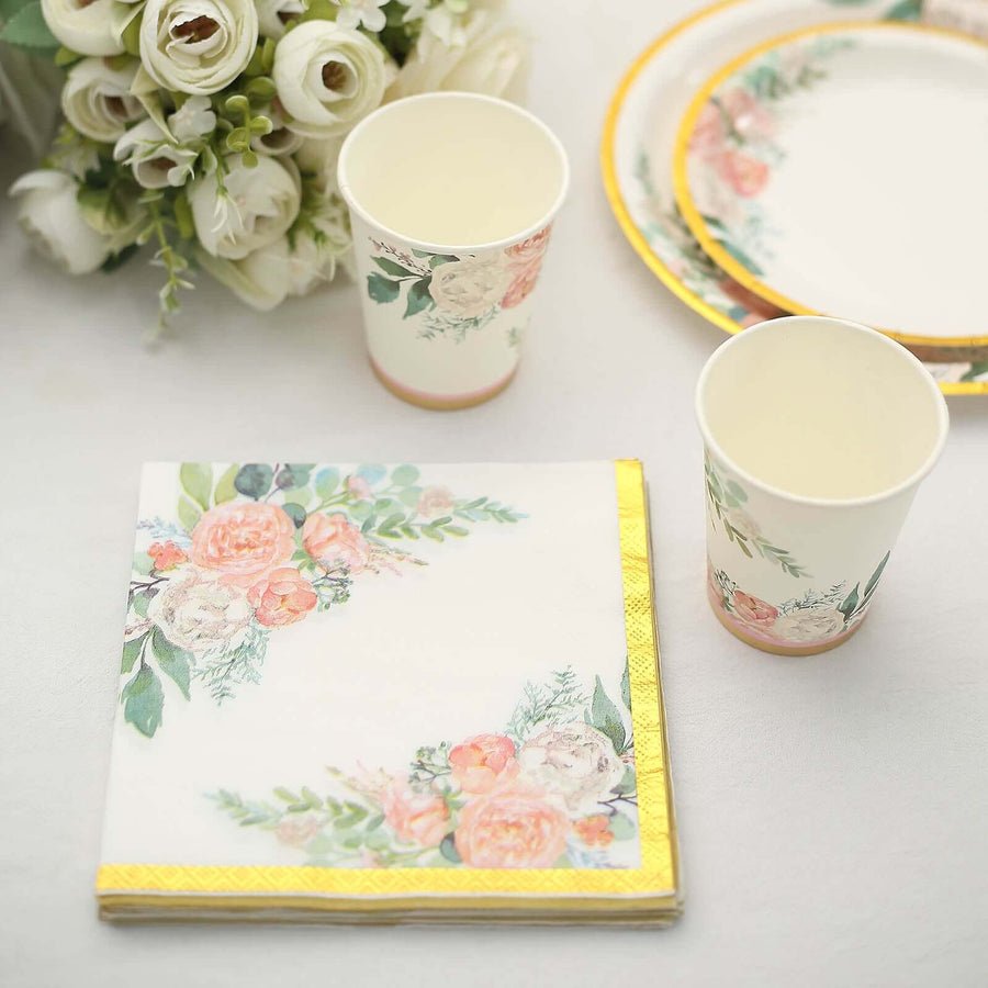 20 - Pack Elegant Paper Cocktail Napkins – Peony Flower Print with Gold Trim for Weddings & Events - Pretty Party Boxx