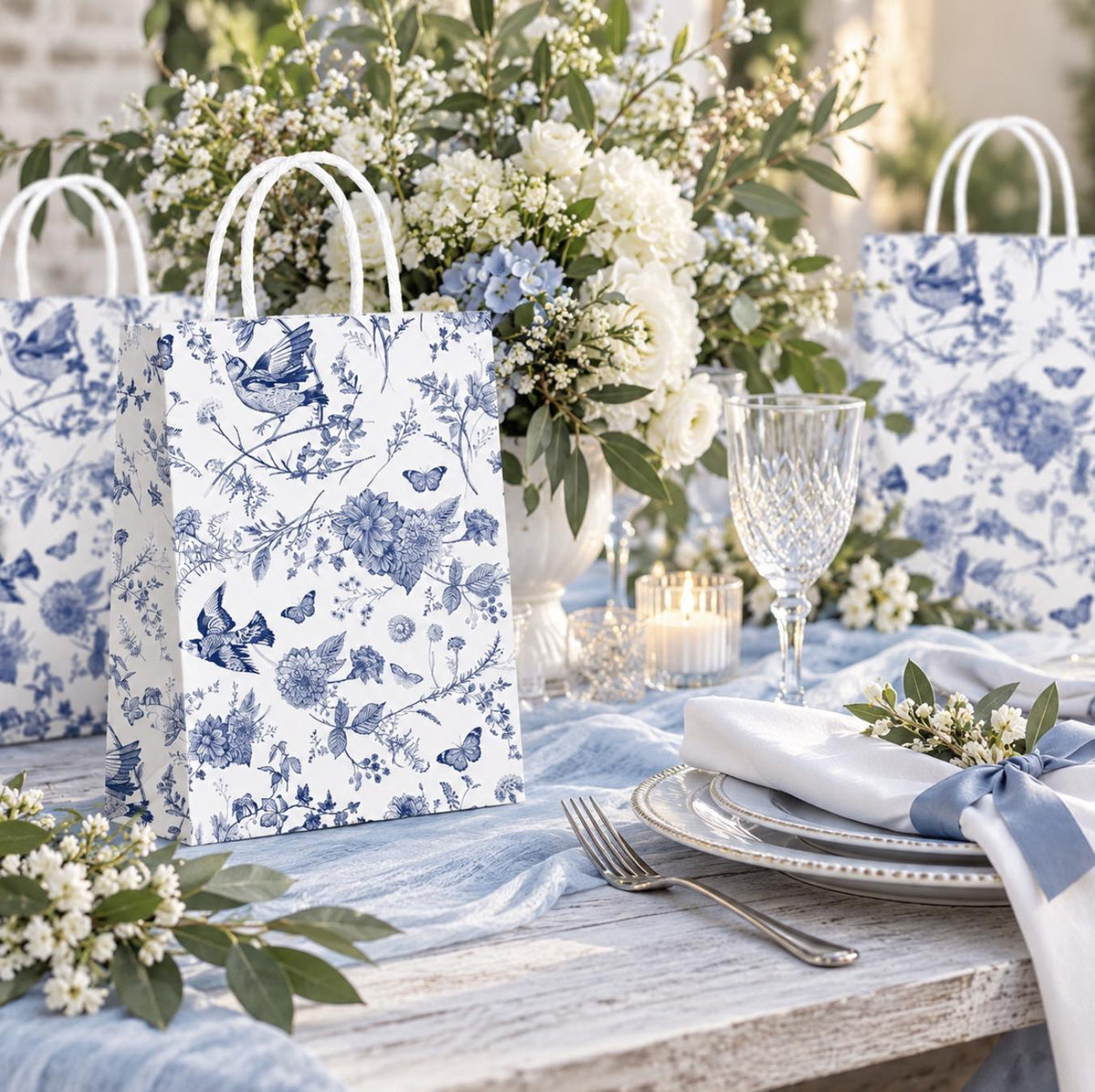 12 Pack French Toile Paper Gift Bags with Handles – Party Favor Goodie Bags - Pretty Party Boxx