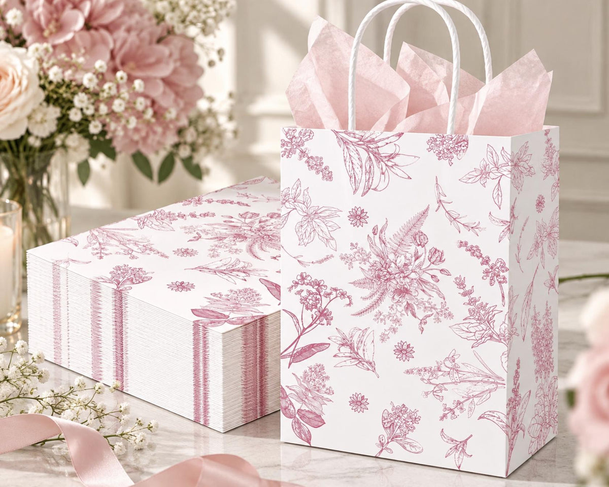 12 Pack French Toile Paper Gift Bags with Handles – Party Favor Goodie Bags - Pretty Party Boxx