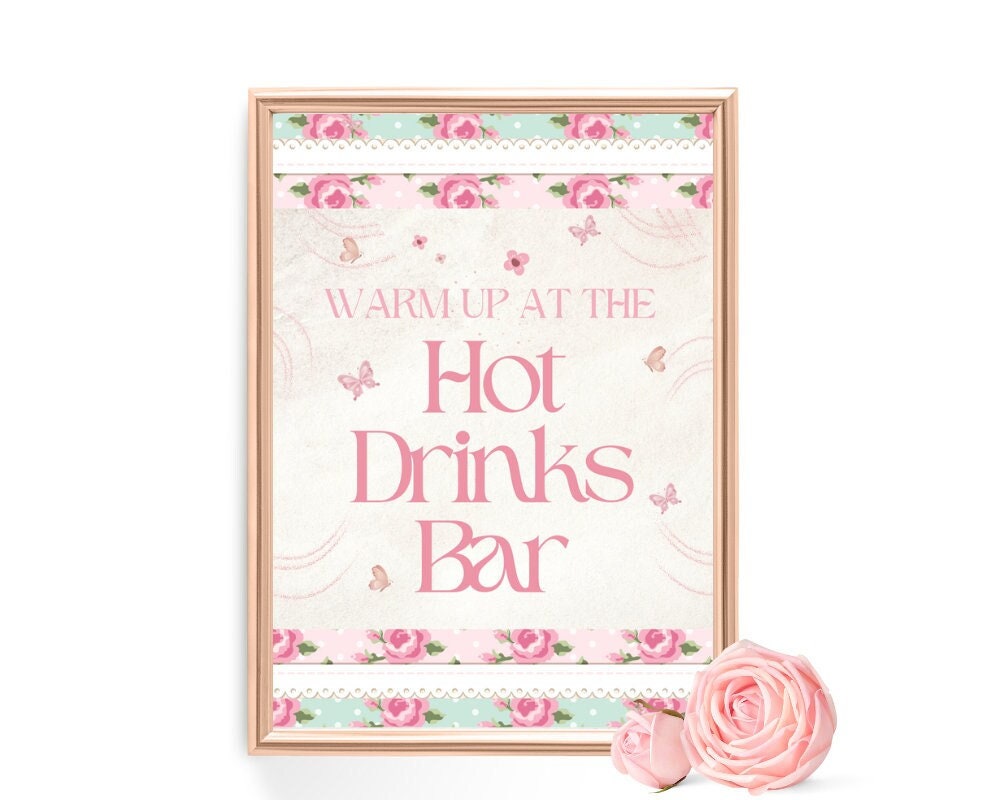 Floral Birthday Hot Drinks Bar Sign – Editable Printable Template for Bridal, Baby Showers & Events - Pretty Party Boxx