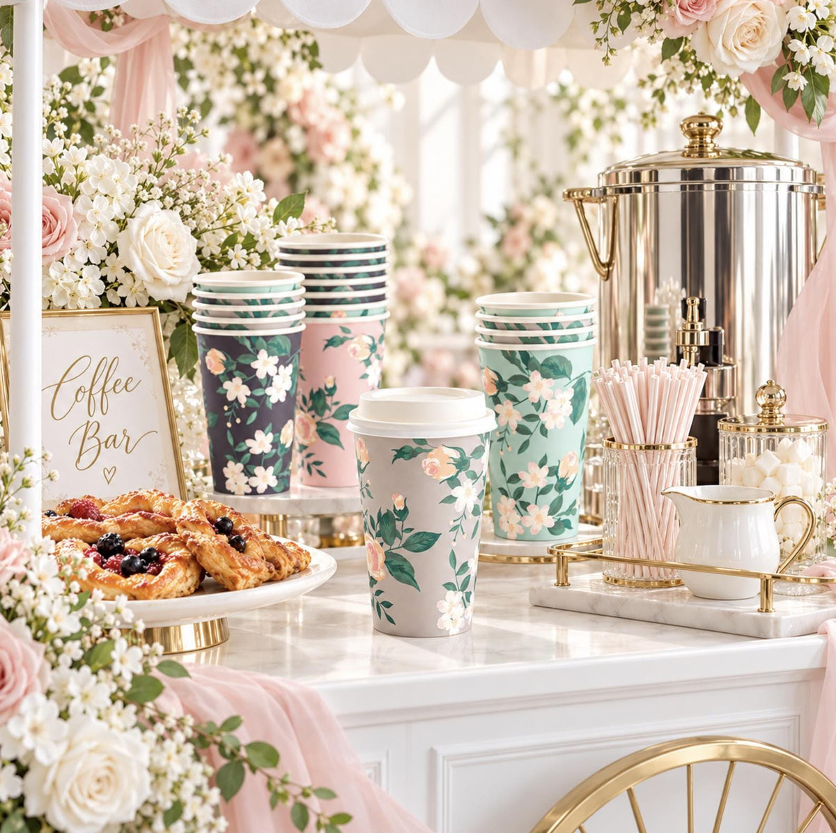 Floral Insulated Paper Coffee Cups with Lids – Garden Party Coffee Bar Cups for Showers