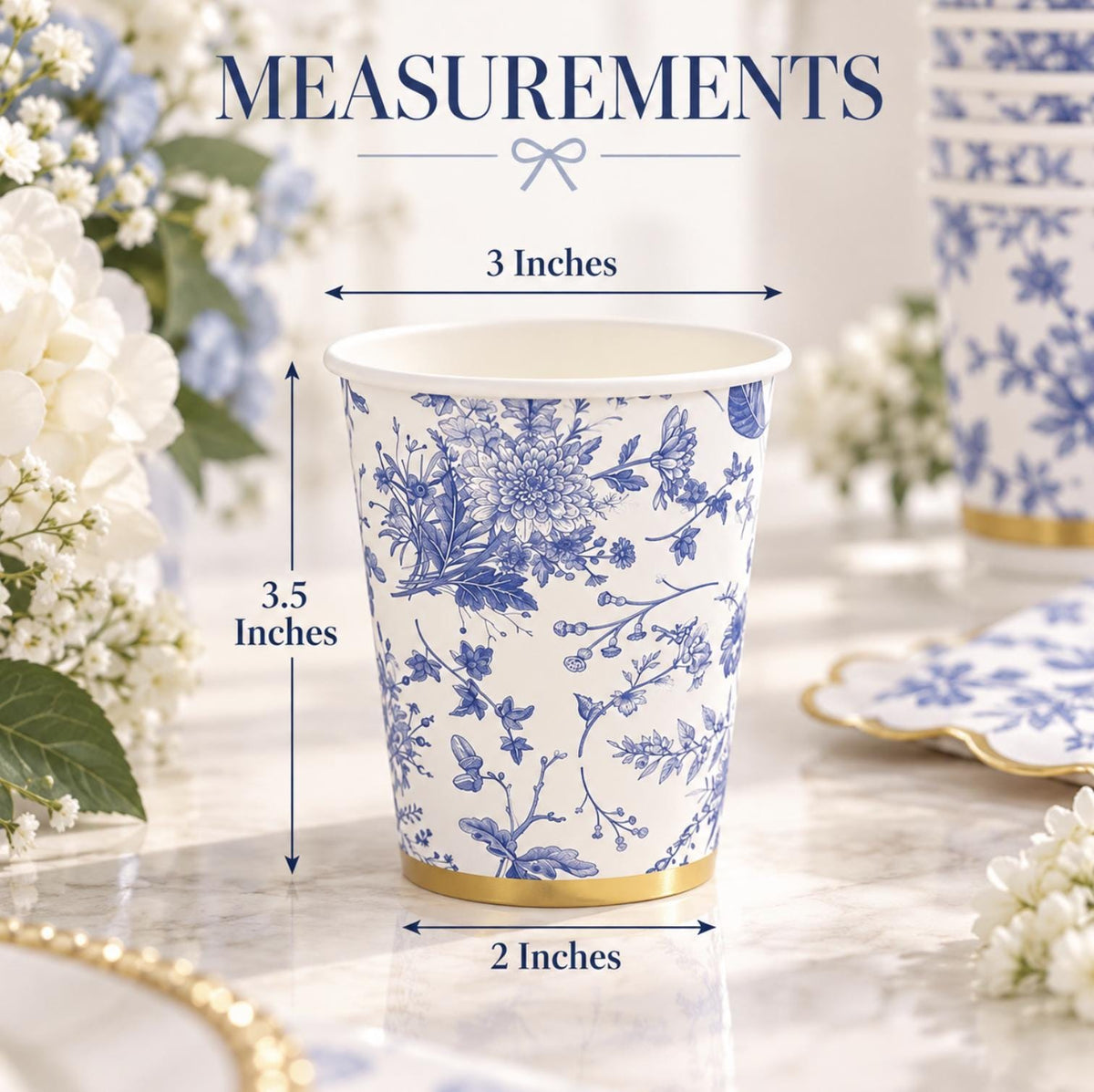 Blue floral paper cup with gold rim – 3.5 inch party cup for weddings and showers