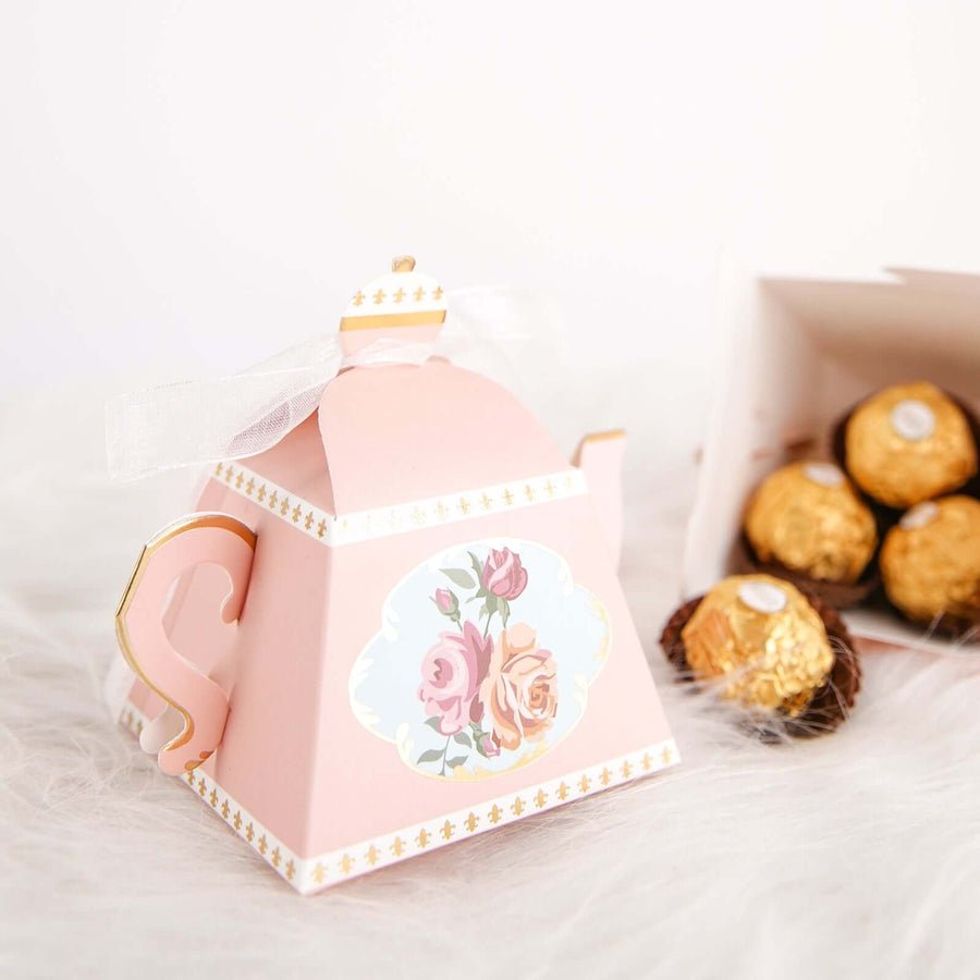 25 - Pack Mini Teapot Party Favor Boxes – Pink Peony Floral Gift Boxes for Weddings & Tea Parties - Pretty Party Boxx