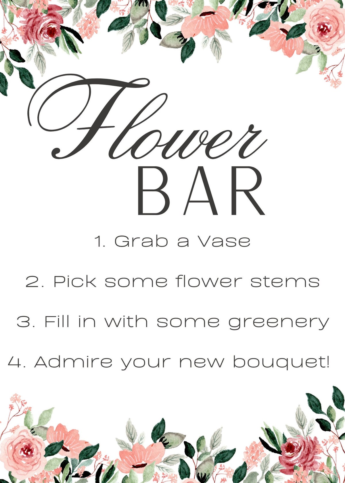 Flower Bar Sign – Floral Bouquet Bar Sign for Bridal & Baby Showers, Editable Printable