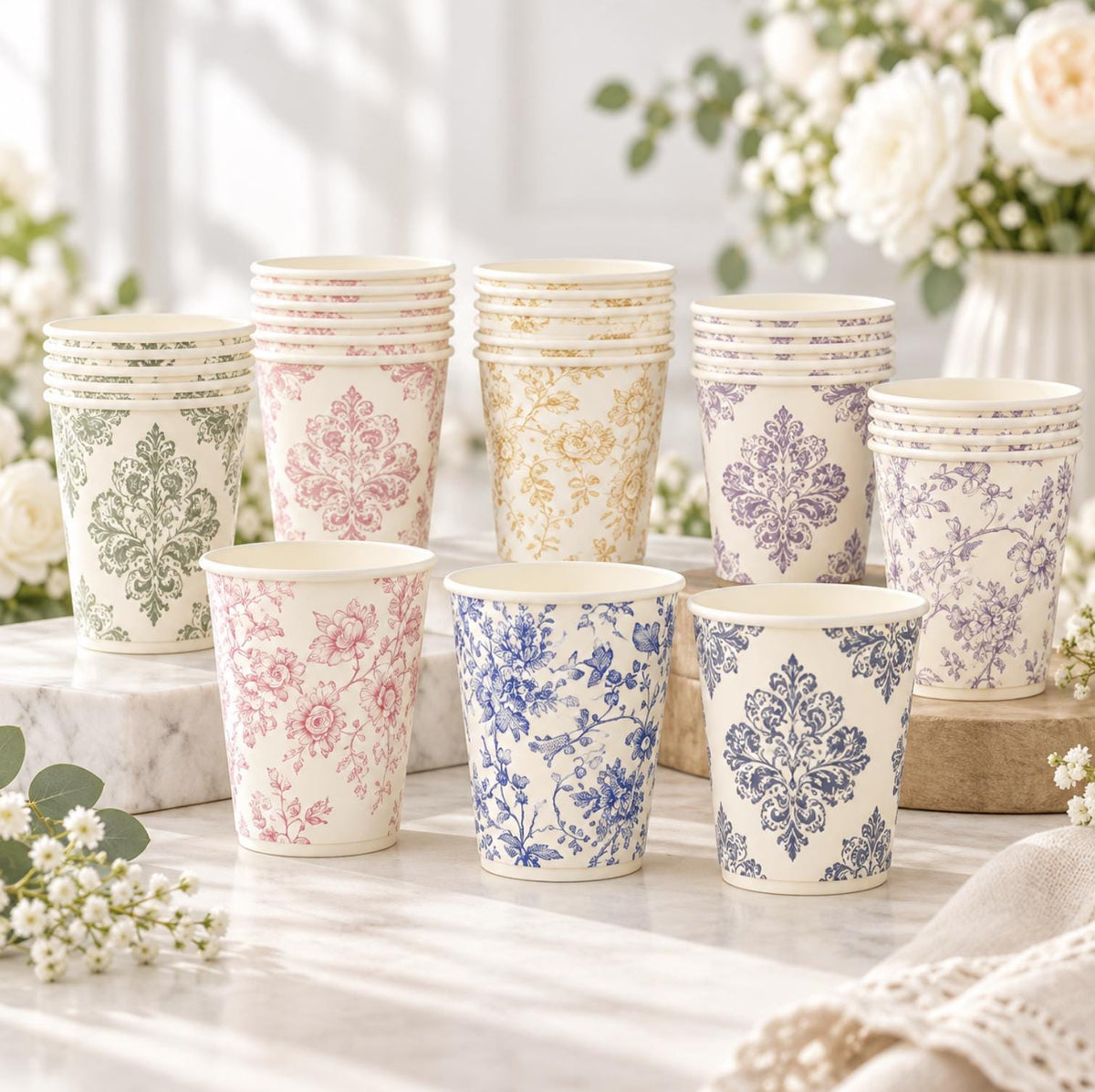 Pink floral paper cups – premium disposable drinkware for weddings and baby showers