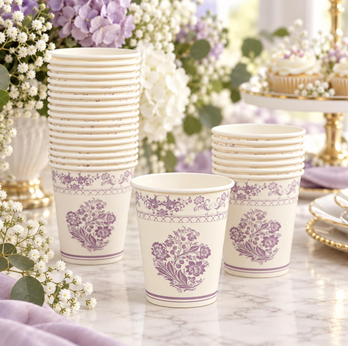 Lavender floral paper cups – elegant disposable drinkware for weddings and receptions