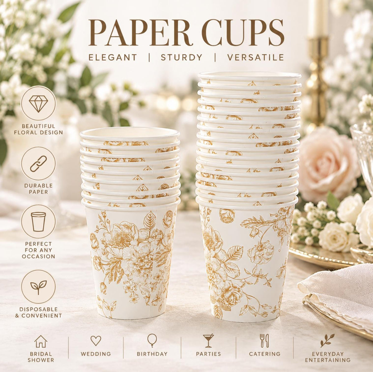 French Toile Disposable Paper Cups | 24-Pack 9oz Gold Rim Party Cups