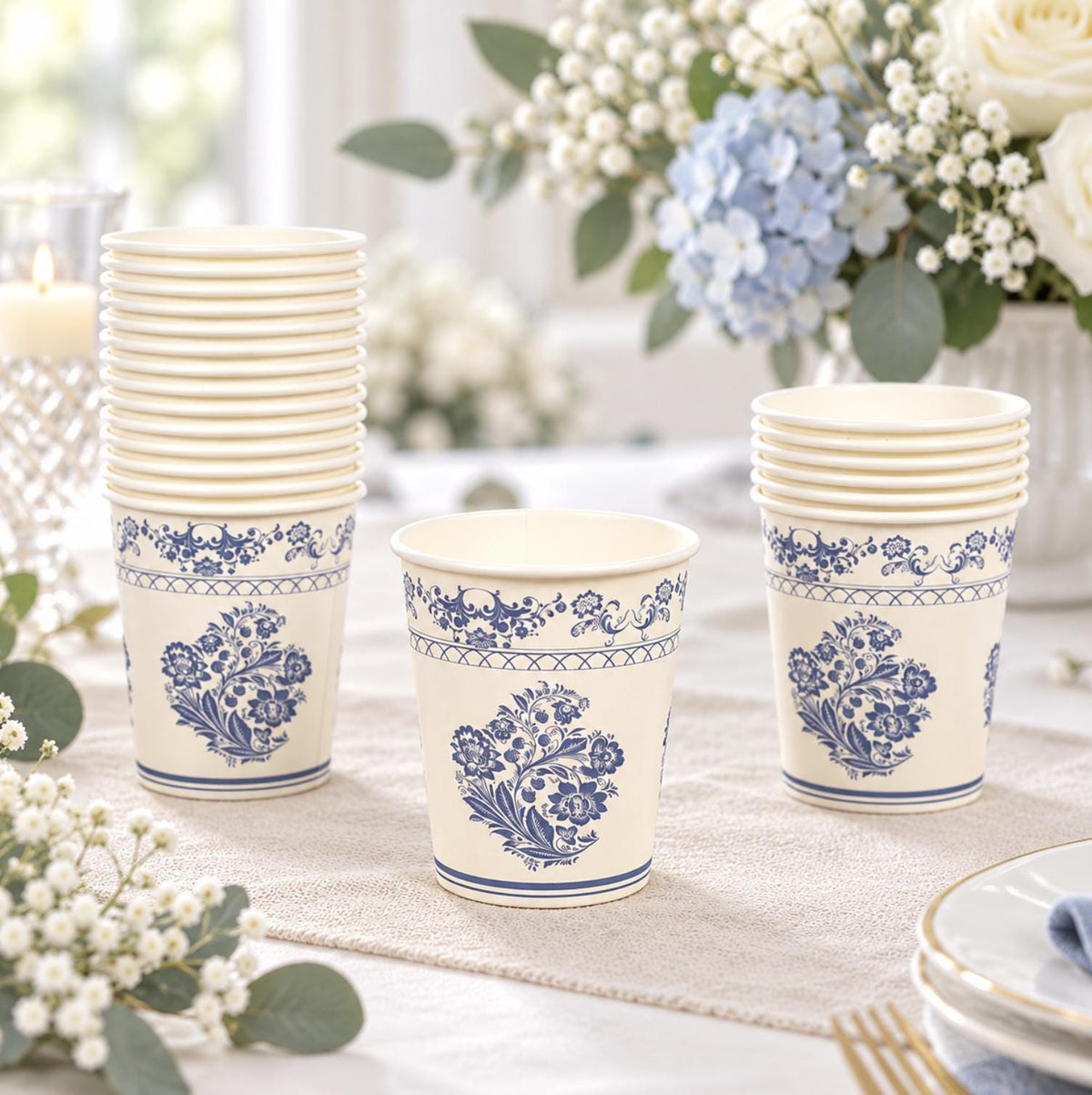 Pink floral paper cups – elegant disposable drinkware for weddings and baby showers