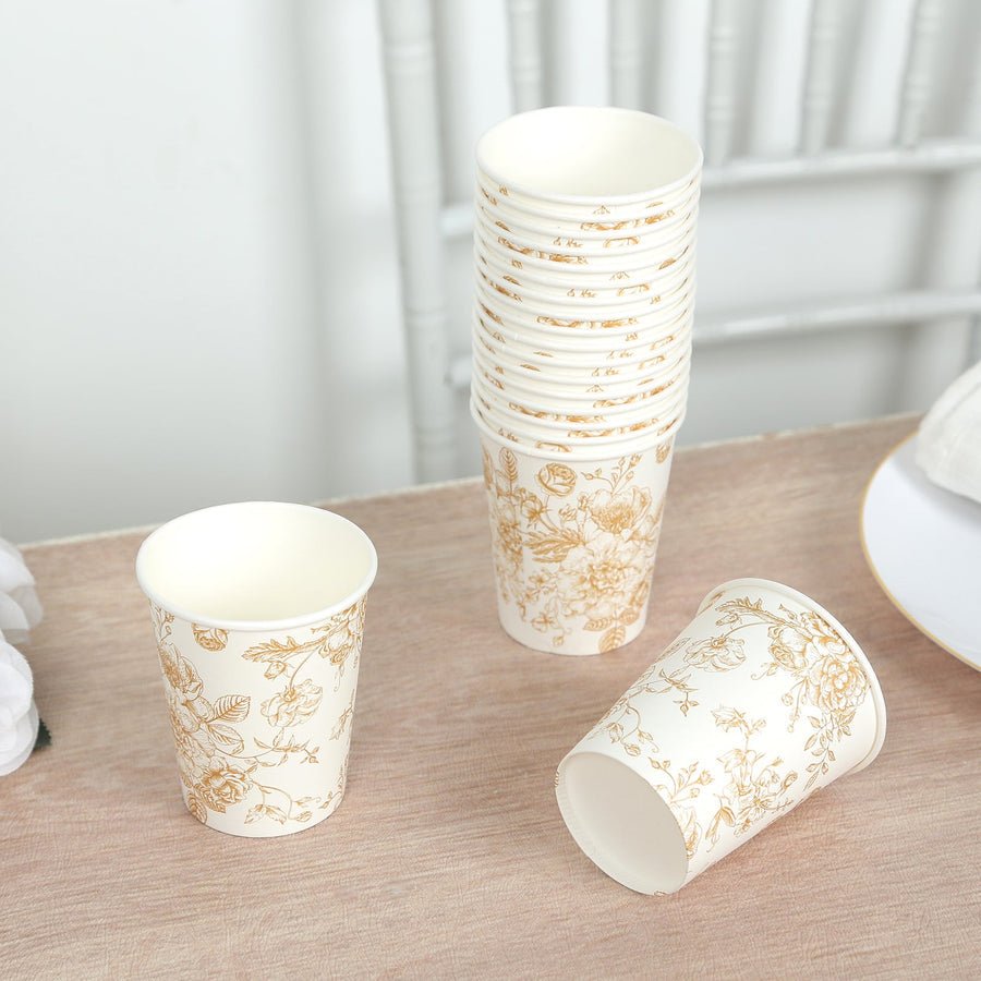 Gold floral paper cups – elegant disposable tableware for weddings and tea parties