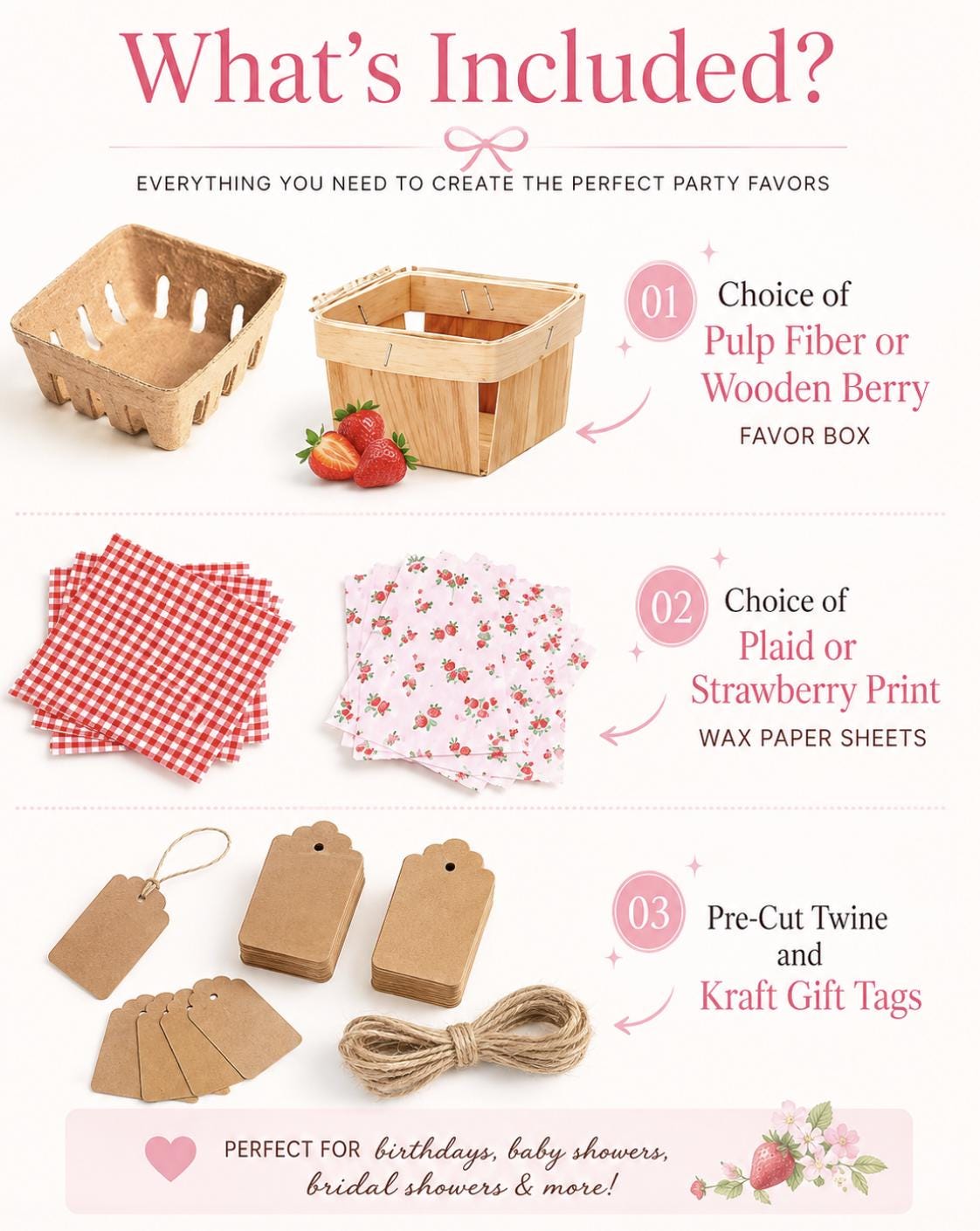 Fruit Berry Basket Favor Boxes with Printed Wax Paper – Farmers Market Picnic Favors for Weddings & Showers