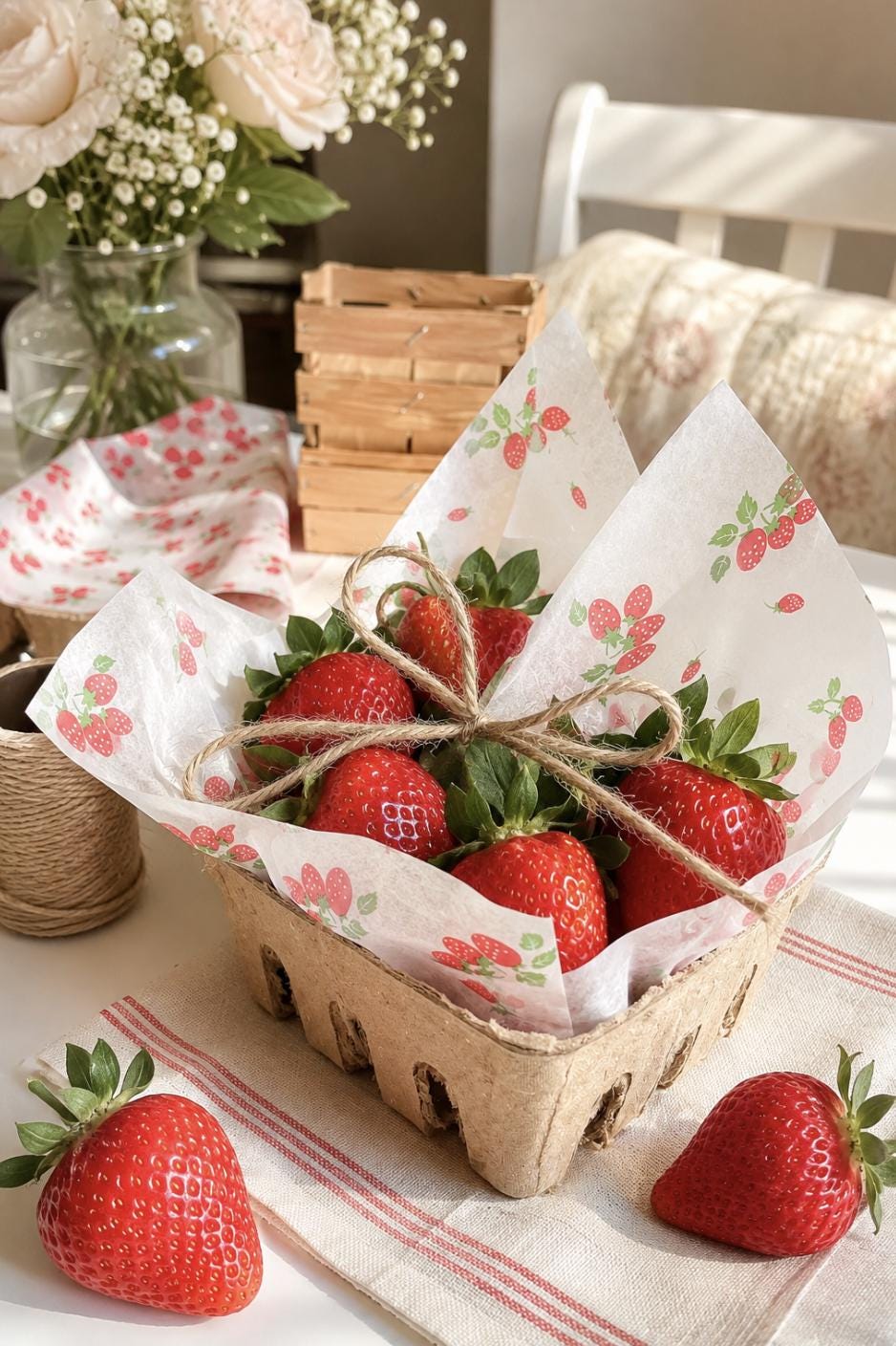 Fruit Berry Basket Favor Boxes with Printed Wax Paper – Farmers Market Picnic Favors for Weddings & Showers