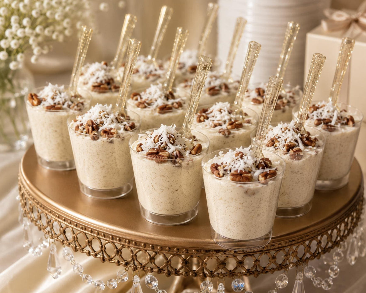 Glitter Dessert Parfait Cups with Mini Spoons – Gold & Silver Mini Dessert Cups