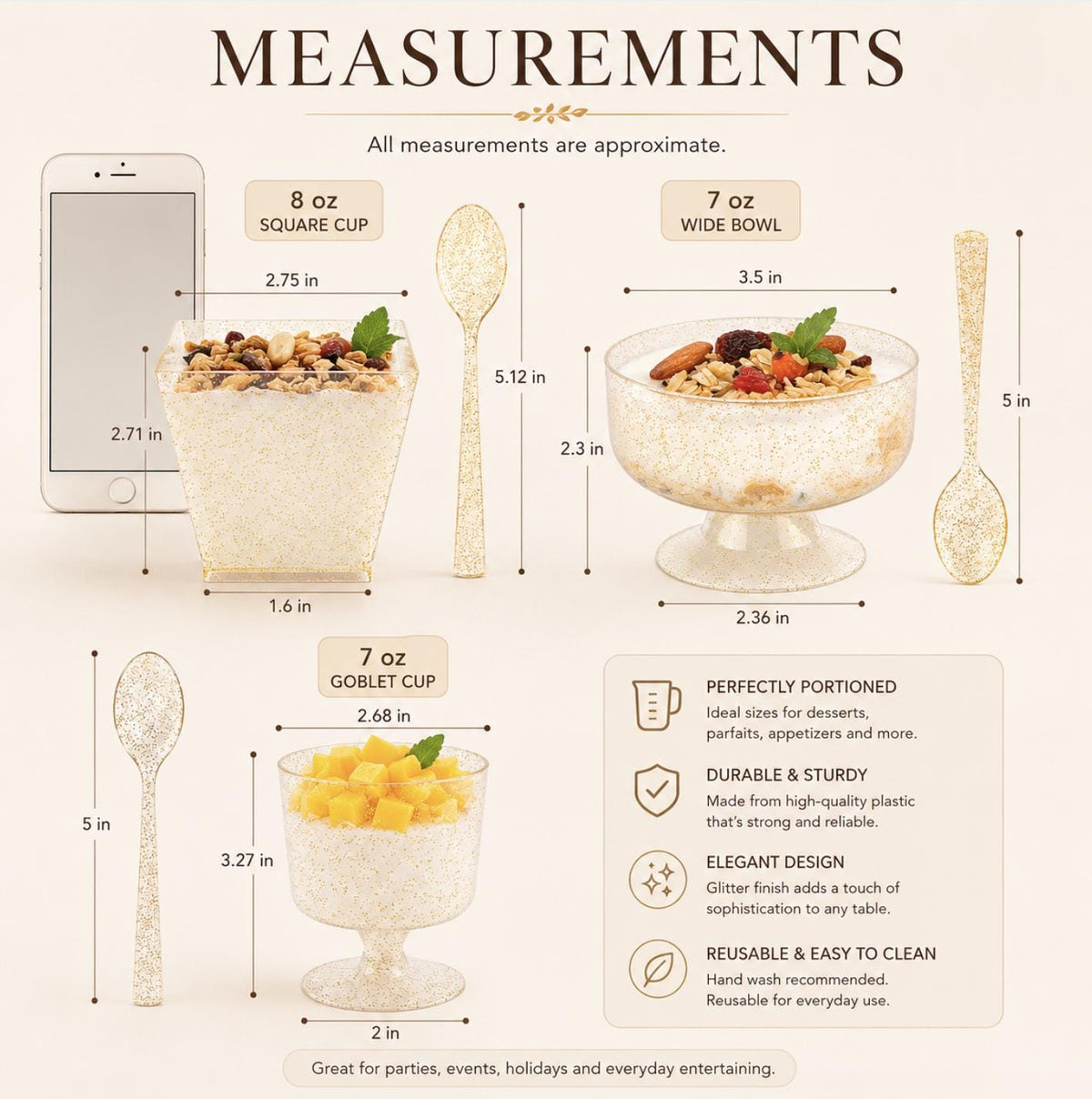 Glitter Dessert Parfait Cups with Mini Spoons – Gold & Silver Mini Dessert Cups