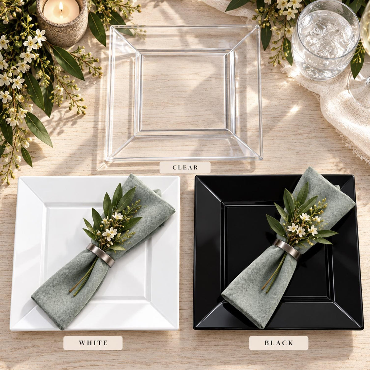 Glossy White Square Dessert Plates – 10 Pack Disposable Party Plates for Events