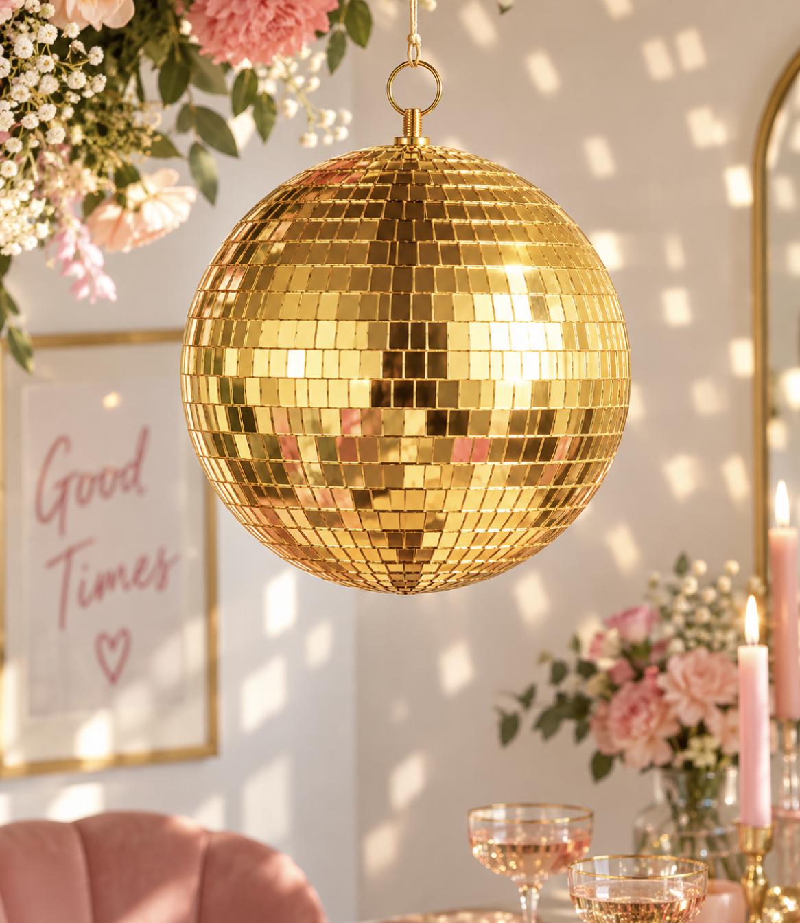 Gold Mirror Disco Balls with Hanging String – Assorted Sizes for Last Disco & Bachelorette Parties