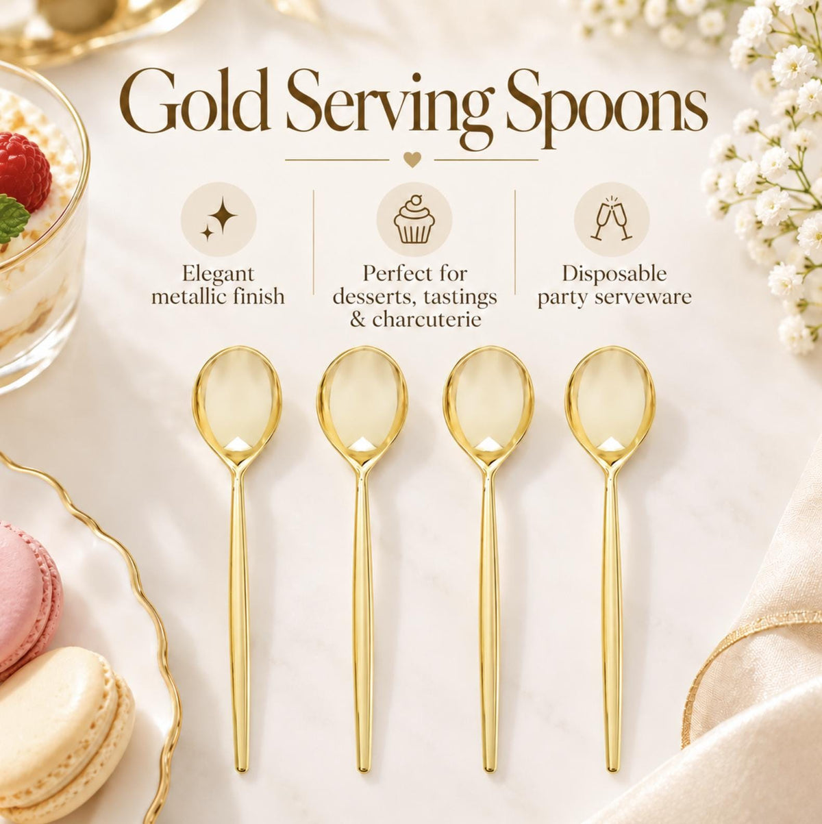 Gold Plastic Serving Spoons – Disposable Tasting Spoons for Dessert Tables & Charcuterie